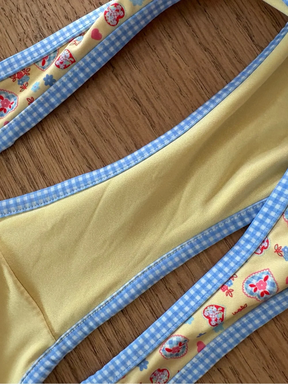 Frankie's Bikinis Yellow Floral Bikini with Blue Gingham Trim